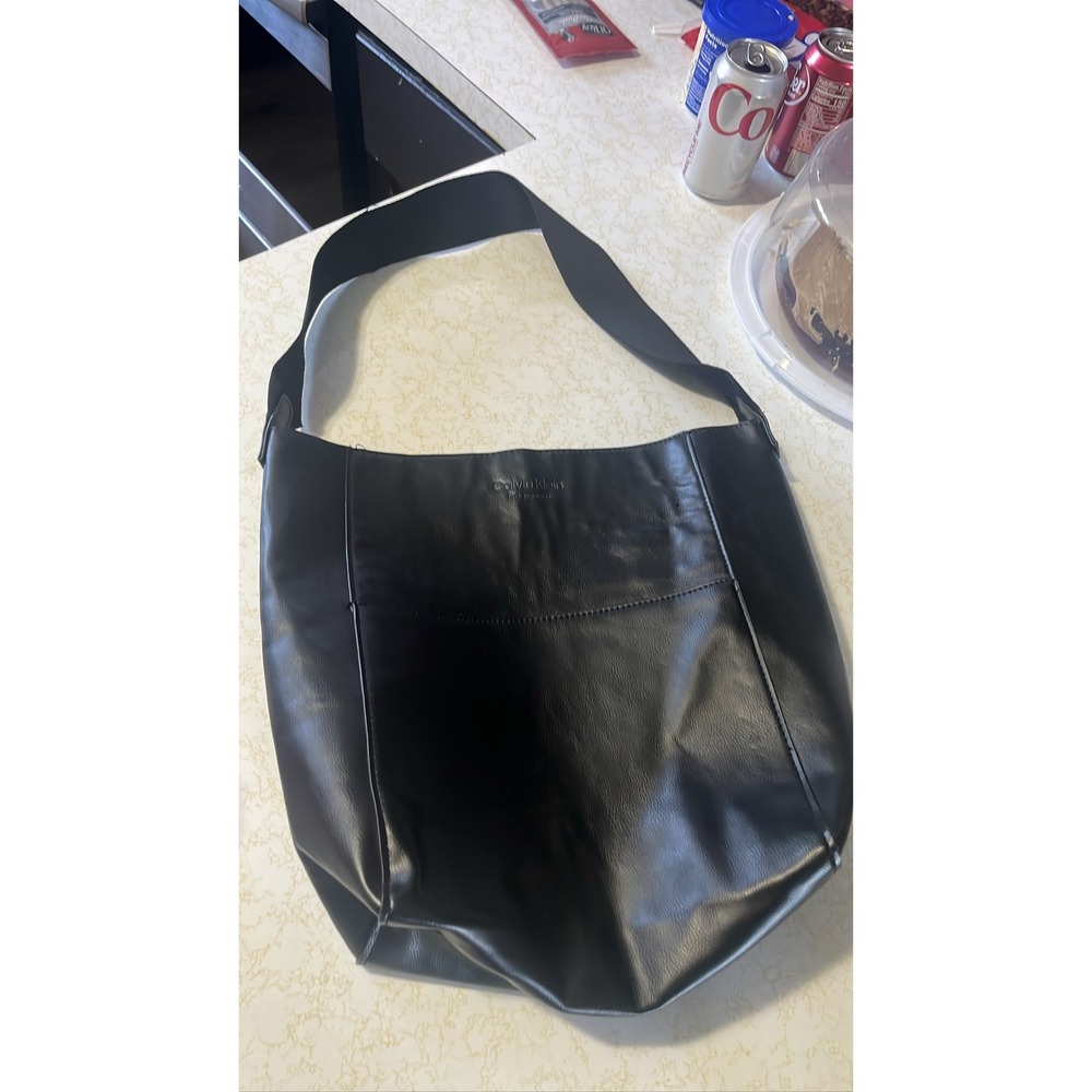 Calvin Klein Black Leather Shoulder Hobo Logo Purse